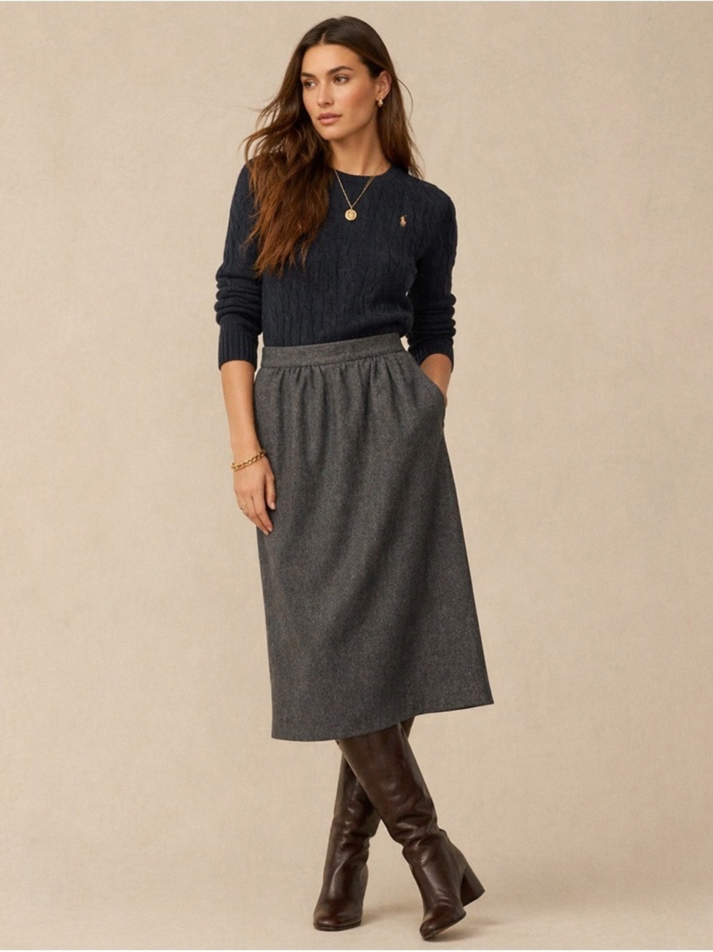 Vintage L.L.Bean Wool Midi Skirt USA Size 14 Gray Heritage New England Classic